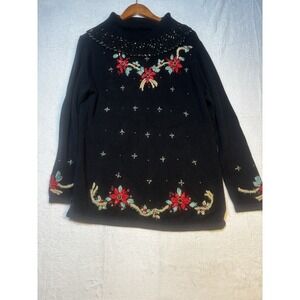 VTG Christmas Embroidered Sweater Women's Medium Black Poinsettia Holiday Beaded